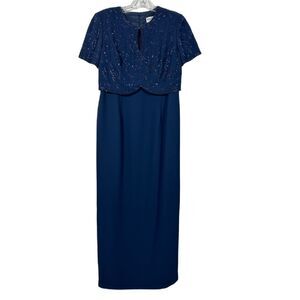 KAREN MILLER Beaded Long Formal Dress Navy Blue Evening Event Cocktail Size 6P